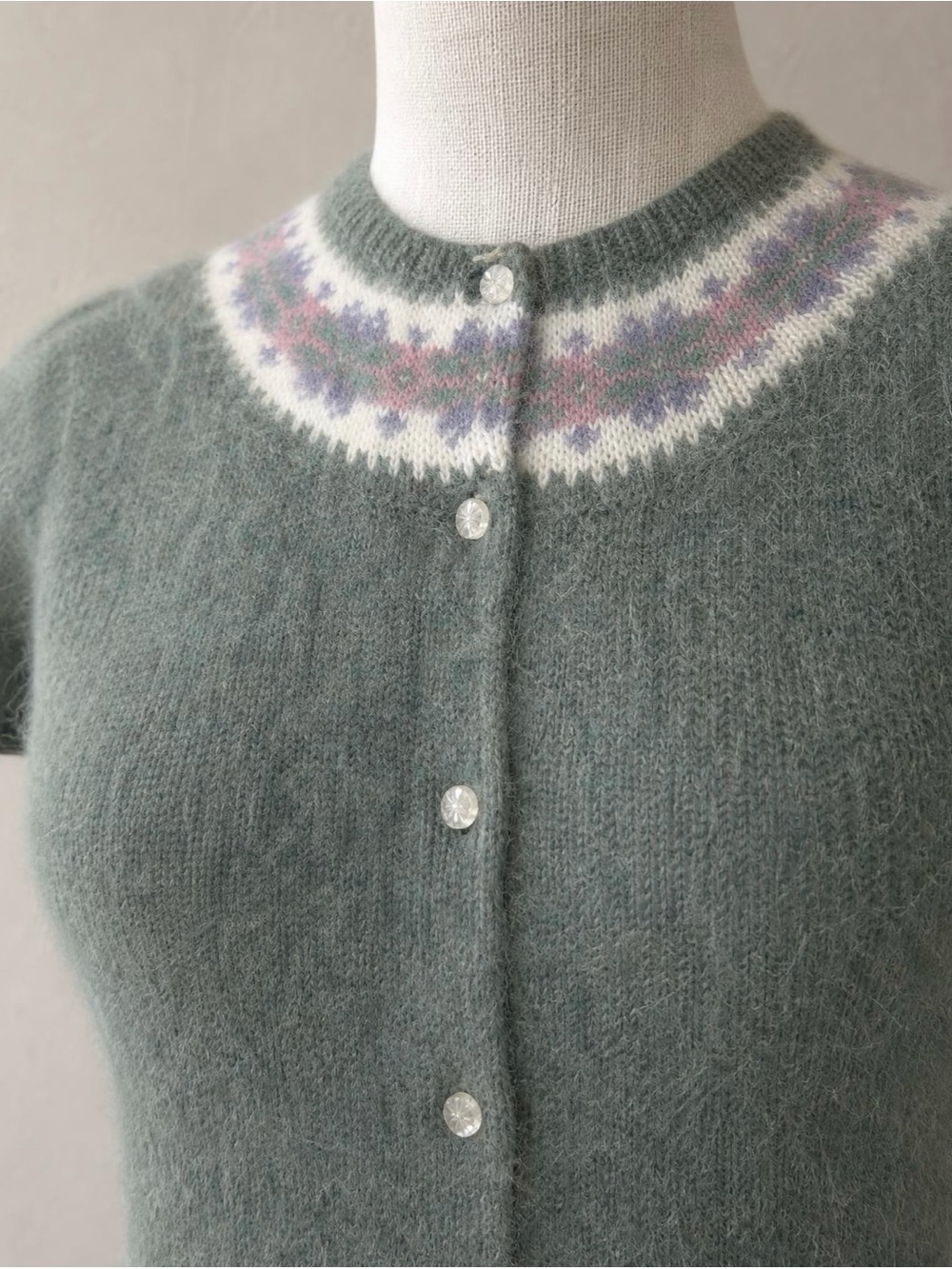 Ralph Lauren Blue Label c. 1990s Angora Fair Isle Cardigan Sweater Celadon | S - Picture 2 of 5
